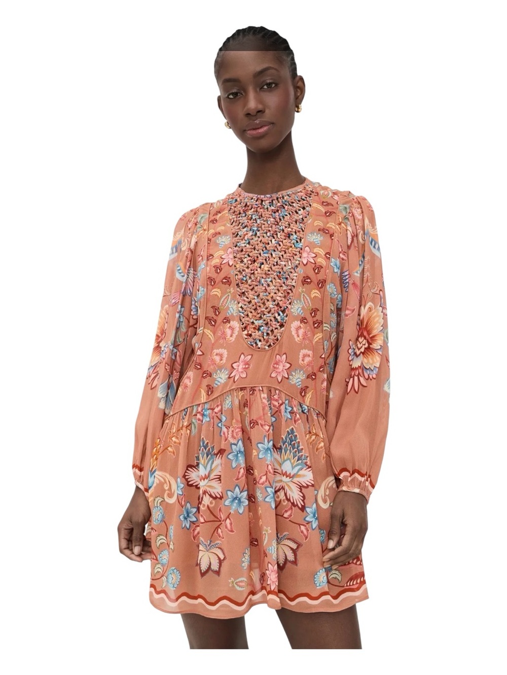 FARM RIO Mocha Boho Enhance Lace Long-Sleeve Mini Dress